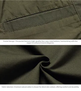 Detail of military green cotton jacket showing snap buttons and durable canvas texture