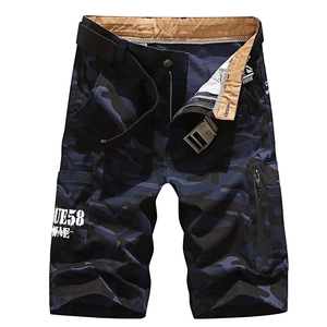 Men's navy camo cargo shorts with multi-pockets and woven belt for outdoor wear