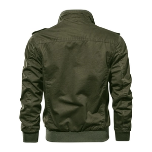Men's army green military bomber jacket with ribbed cuffs and back seam detail