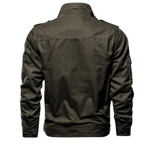 Back view of a deep army green military style cotton work jacket with epaulettes