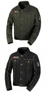 Détails de vestes militaires en coton avec coutures contrastées et écussons brodés