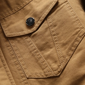 Men's khaki canvas work jacket featuring heavy duty twill fabric and buttoned flap pocket
