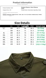 Detailed size guide table for men military short sleeve shirts from size M to 6XL