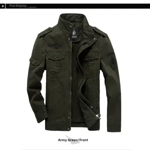 Detailed close-up of army green cotton military jacket with badges and shoulder epaulettes