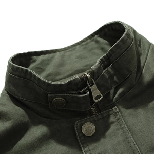 Men's military green cotton work jacket with standing collar and metal zipper detail