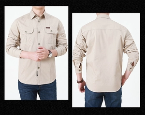 Front and back view of beige cotton cargo shirt featuring symmetrical dual chest pockets
