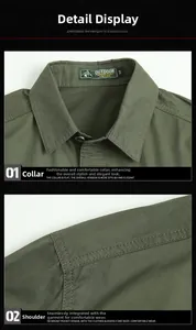 Close-up of military green cotton cargo shirt collar and durable shoulder stitching