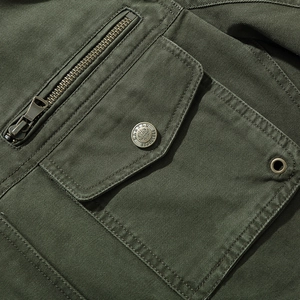 Army green military work jacket featuring metallic zipper pockets and durable twill fabric