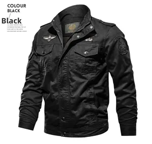 Detailed view of black military cargo jacket with embroidered patches and stand collar