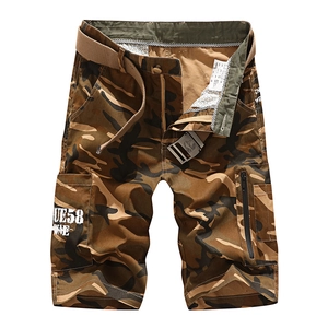 Men's camouflage cargo shorts with woven belt and utility pockets in flat lay view