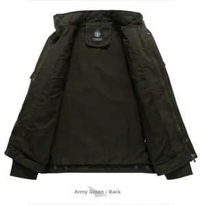 Detail view of military green cotton jacket interior lining and collar brand label