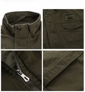 Detail view of army green work jacket featuring stand collar, chest pocket and metal zipper