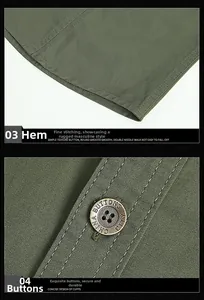 Detail of army green cotton shirt showing vintage metal buttons and double stitching