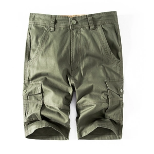 Men's army green cargo shorts with multiple pockets and relaxed casual cotton fit