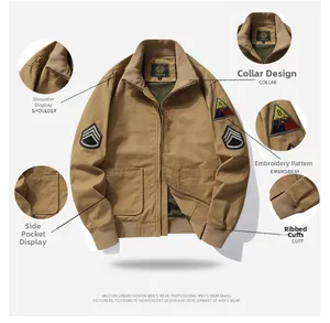 Detail view of khaki military flight jacket showing embroidered patch and ribbed cuffs