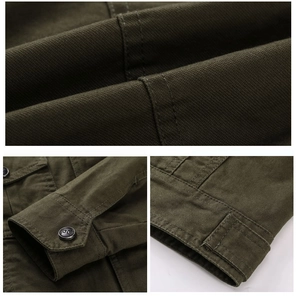 Detailed views of army green cargo jacket featuring reinforced stitching and button cuffs