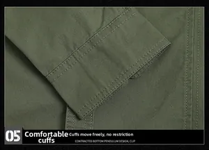 Detail of army green cargo shirt cuff with durable double-needle stitching and twill texture