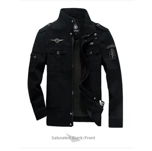 Front view of black military cotton jacket with airborne badges and shoulder epaulettes