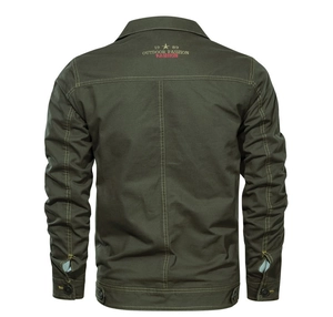 Detail of army green cotton jacket back with yellow stitching and outdoor fashion print
