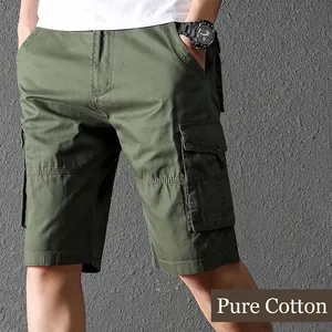 Men's army green heavy cotton cargo shorts with side pockets and casual loose fit