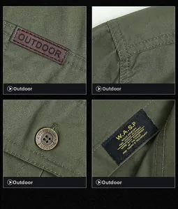 Detailed view of military green outdoor shirt with leather patches and metal buttons