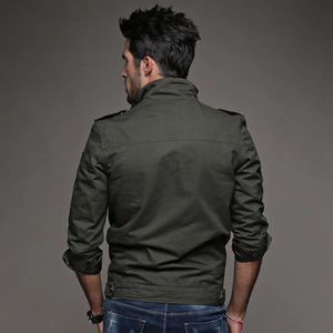 Men's military green cotton field jacket featuring shoulder epaulettes and back seam details