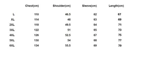 Detailed size chart for men outdoor cargo jacket showing L to 6XL measurements in cm