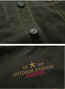 Détail du bouton de veste militaire et broderie outdoor fashion avec logo étoile 1989