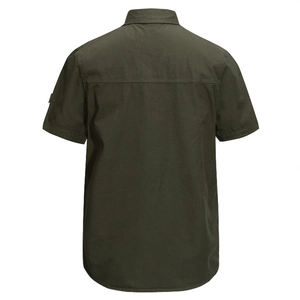 Men's army green short sleeve military work shirt featuring curved hem and back yoke