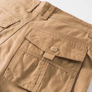 Men's khaki cargo shorts with heavy duty cotton twill fabric and secure back pockets