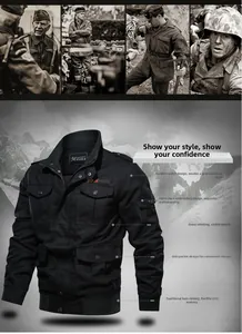 Close-up of military-style black jacket featuring flight patches and utility pockets