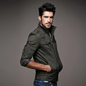 Men's military style cotton padded jacket with standing collar and multi-pocket detail