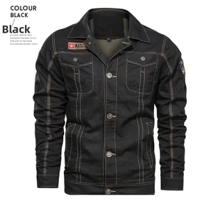 Detail of black cotton field jacket featuring orange contrast stitching and cargo pockets