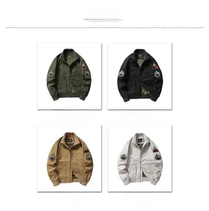 Detail of retro M1942 military flight jackets in green, black, khaki and rice white colors
