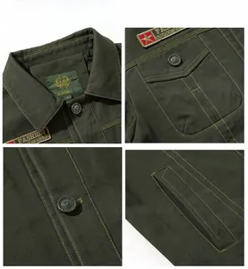 Detailed macro view of army green cotton field jacket showing pocket and contrast stitching