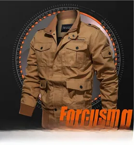 Detail of khaki military style jacket showing multi-pocket design and cotton fabric texture