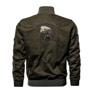 Men's olive green cotton flight jacket featuring detailed eagle embroidery on the back