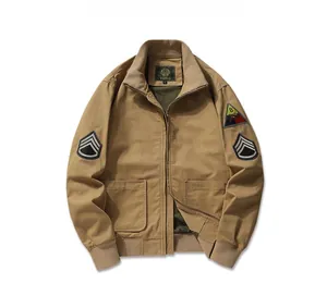 Detail of khaki military pilot jacket with embroidered patches and canvas texture