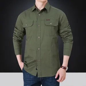 Men's Long Sleeve Cargo Shirt Cotton Blend Washed Casual Outdoor Work Top Dual Pockets Square Collar Plus Size Clothing