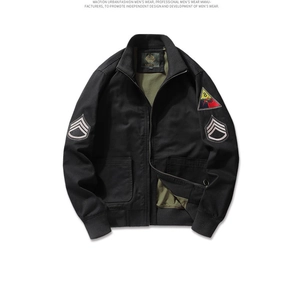 Detailed close-up of M1942 vintage military jacket showing arm patches and zippers