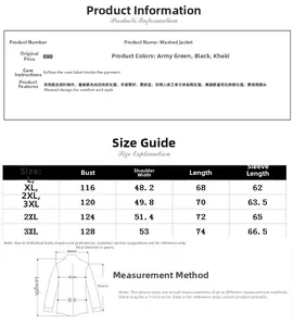 Guide des tailles pour veste cargo homme avec instructions de mesure détaillées