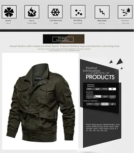 Detail view of cotton military cargo jacket featuring multi-pocket design and utility style