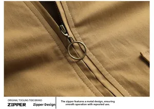 Detail of high-quality metal zipper with ring puller on khaki vintage work jacket