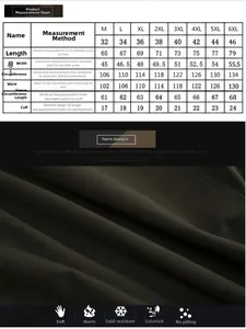 Detailed size chart for men cargo jacket including measurements from M to 6XL sizes