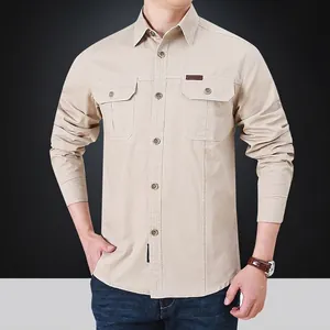 Men's outdoor cargo long sleeve shirt with front pockets and washed cotton fabric