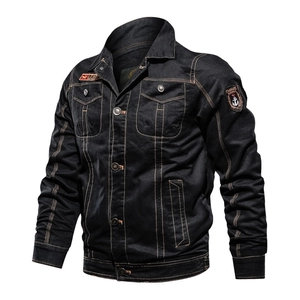 Black cotton military work jacket for men with contrast stitching and embroidery