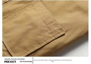 Detail of khaki cotton jacket showing square pocket with durable double-needle stitching