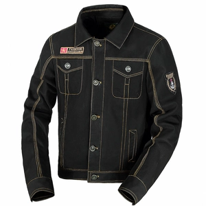 Veste militaire noire pour hommes avec coutures orange et écussons vintage sur poitrine