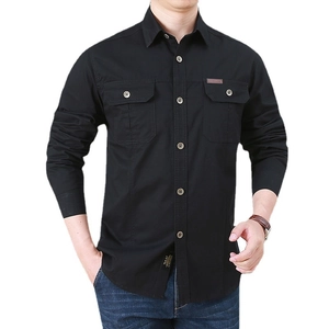 Men's black long sleeve cargo work shirt in washed cotton with double chest pockets