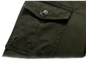Close-up of military olive green cotton jacket sleeve featuring a cargo pocket with flap
